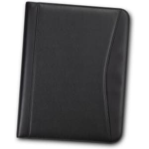 A black Carrington Portfolio featuring a textured finish and a sleek design, with a logo present on the cover.
