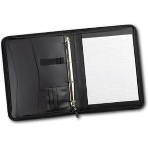 A black portfolio featuring a binder, multiple card slots, and a lined notepad on the right side.