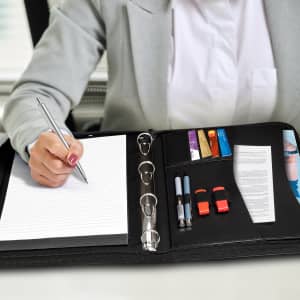 A black portfolio featuring a smooth finish, designed for professional use. It has a branding logo on the front.