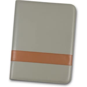 A grey portfolio with a brown leather accent, featuring a smooth finish and a logo on the front.