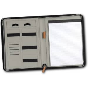 A black Nirvana Portfolio with grey interior features card slots, elastic bands, and a lined notepad.