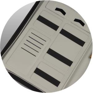 A grey Nirvana Portfolio featuring multiple pockets and elastic bands for secure storage. It includes a branding logo.