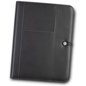 A black Melrose Portfolio with a textured finish and a button closure, featuring interior pockets and stitching details.