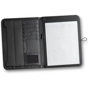 A black Melrose Portfolio featuring multiple card slots and a lined notepad on the right side.