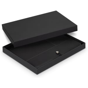 A black Melrose Portfolio presented in an open black box, featuring a sleek design and clasp closure.