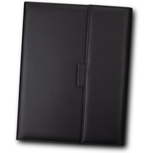A black portfolio with a smooth finish, featuring a flap closure and a side pocket. It has a logo on the front.