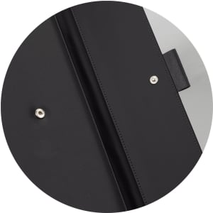 A black portfolio with a snap closure, featuring a smooth interior and a section for storing documents.