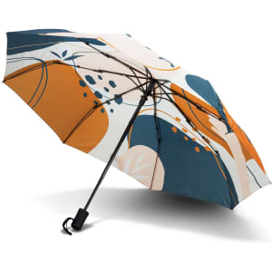 A compact umbrella with a full-colour design featuring blue, orange, and cream abstract patterns, and a black handle.