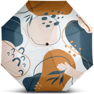 A full colour compact umbrella featuring an abstract design in earthy tones of orange, teal, and beige. It has a logo.