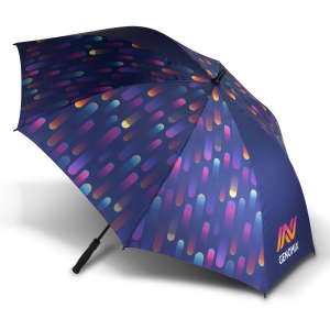 A full-colour umbrella featuring a vibrant design with shades of purple, blue, and orange. It includes a branded logo.