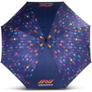A full-colour umbrella featuring a vibrant pattern of purple, pink, and orange on a dark background. It has a logo printed on it.