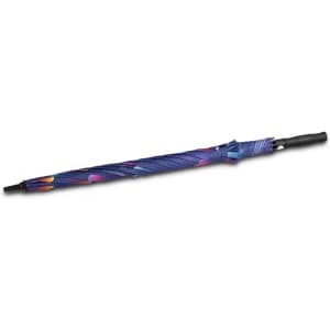 A full-colour umbrella with a vibrant purple and blue design, featuring a black handle and logo on the cover.