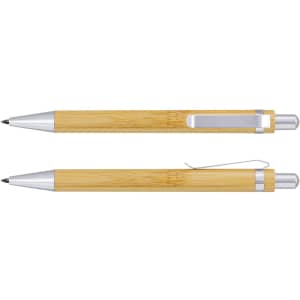 A bamboo inkless pen with silver accents, featuring a clip and a sleek design, showcased from multiple angles.