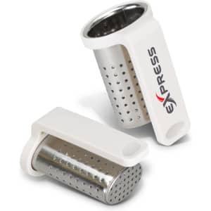 A stainless steel tea infuser with a white holder, featuring a brand logo on one side.