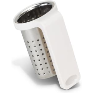 A travel tea infuser in white with a stainless steel body and holes for steeping tea. Features a handle and branding logo.