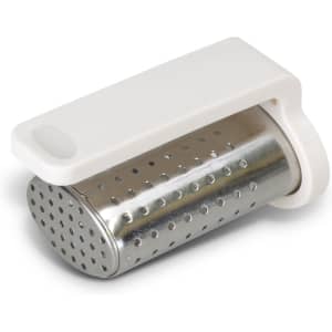 A travel tea infuser with a silver perforated metal body and a white plastic handle. It features a logo on the handle.
