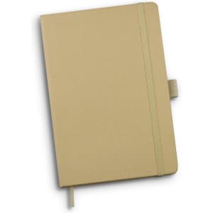 A kraft notebook with a rubber band closure, featuring a beige cover and a bookmark ribbon.