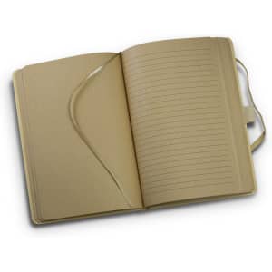 A kraft notebook with lined pages, featuring a ribbon bookmark and an elastic closure.