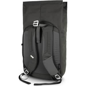 A roll top backpack in dark green with adjustable straps and a grey back panel. It features a logo.