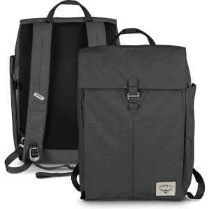 A grey Osprey Arcane Flap Backpack featuring a minimalist design, adjustable shoulder straps, and a logo.