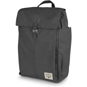 A grey Osprey Arcane Flap Backpack with a top flap and side pocket, featuring a logo on the front.