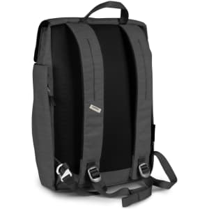 A grey flap backpack with padded straps and a top handle, featuring a minimalist design and a logo.