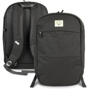 A dark green backpack with padded shoulder straps and a front zip pocket. It features a logo on the front.