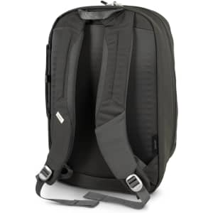 A large day backpack in dark green with padded shoulder straps and a sleek design, featuring a logo.