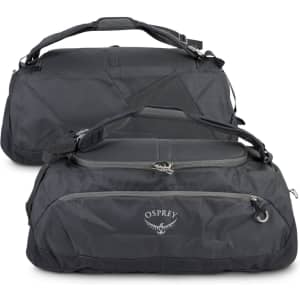 A black Osprey Daylite Duffle Bag with dual carry handles and a zippered top compartment. Features a logo.