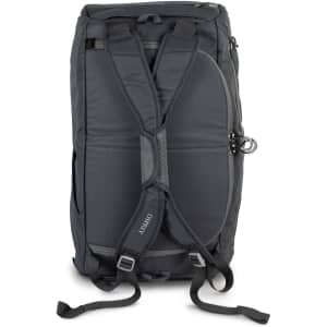A black duffle bag with adjustable straps and a textured surface, featuring a logo.