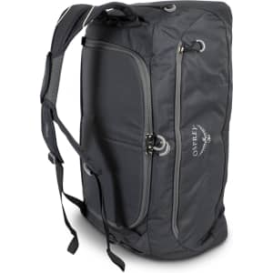 A grey duffle bag featuring shoulder straps and a logo, designed for versatile storage and transport.