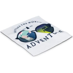 A small white cloth featuring colourful sunglasses and the words "Adventure" and "Let’s see the world".