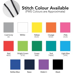 A colour chart displaying various stitch colours for a promotional product, including shades like Cool Grey, Pink, and Navy.