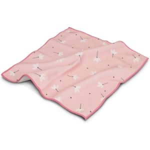 A pink tablet cover featuring a floral pattern with white flowers and black accents, bordered in pink.