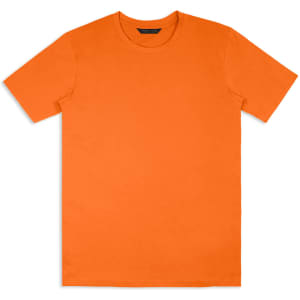 An orange unisex T-shirt with a simple design and short sleeves, featuring a branding logo.