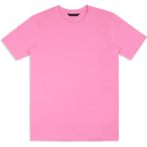 A pink unisex T-shirt with a crew neck and short sleeves, featuring a logo.
