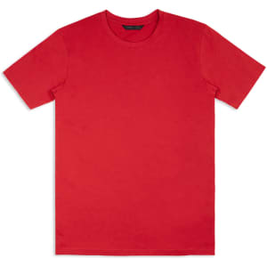 A red unisex T-shirt with a round neck and short sleeves, featuring a logo on the label.