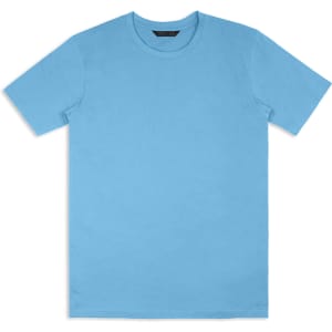 A light blue unisex T-shirt with a round neckline, featuring a logo.