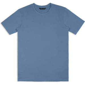 A unisex T-shirt in a soft blue hue, featuring a simple design and a logo on the label.