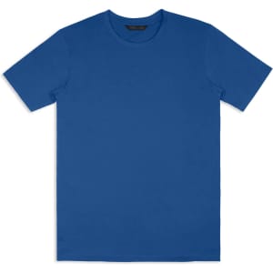 A blue unisex T-shirt featuring a solid colour design and a label with branding.