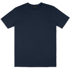 A navy unisex T-shirt with a round neckline and short sleeves, featuring a logo.