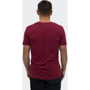 A maroon unisex T-shirt displayed from the back, featuring a simple design and a logo.
