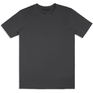 A grey unisex t-shirt with a crew neck and short sleeves, featuring a logo on the label.