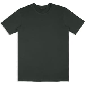 A dark green unisex T-shirt featuring a round neck and short sleeves, with a branding logo on the inside.