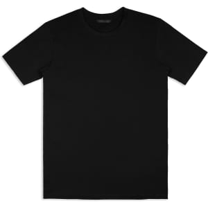 A black unisex T-shirt featuring a round neckline and short sleeves, with a logo on the label.