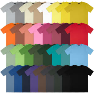 A collection of unisex T-shirts in various colours, arranged in rows, featuring a logo on each shirt.