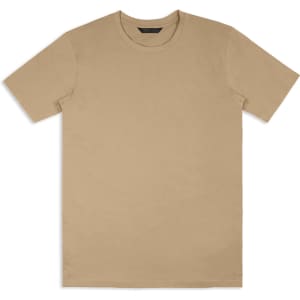 A beige unisex T-shirt with a round neckline and short sleeves, featuring a logo on the label.