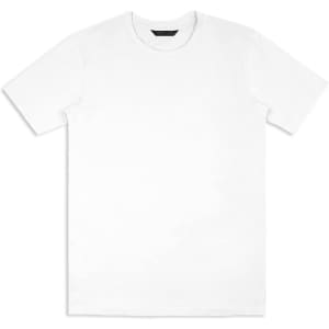A plain white unisex t-shirt with short sleeves and a brand logo. Features a classic fit for casual wear.