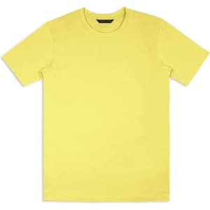 A plain yellow unisex T-shirt with a round neckline and short sleeves, featuring a brand logo.