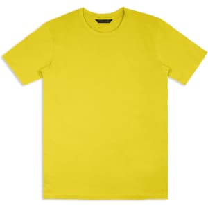 A bright yellow unisex T-shirt displayed flat, featuring short sleeves and a simple design. It has a logo on the label.
